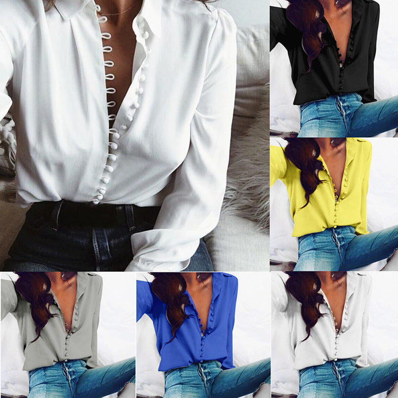 Damen nan seidige V-Bluse mit verdeckter Stoffknopfleiste und legerer Passform