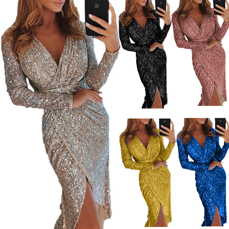 Damen nan glitzerndes Wickel-Midikleid mit V-Ausschnitt langen Ärmeln seitlichem Beinschlitz