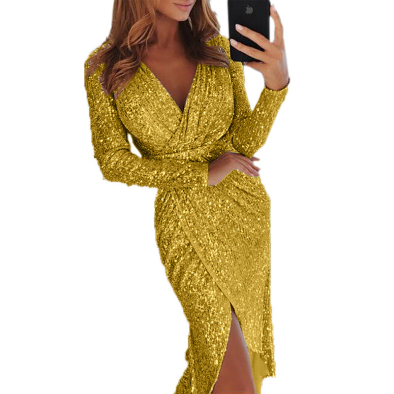 Damen nan glitzerndes Wickel-Midikleid mit V-Ausschnitt langen Ärmeln seitlichem Beinschlitz