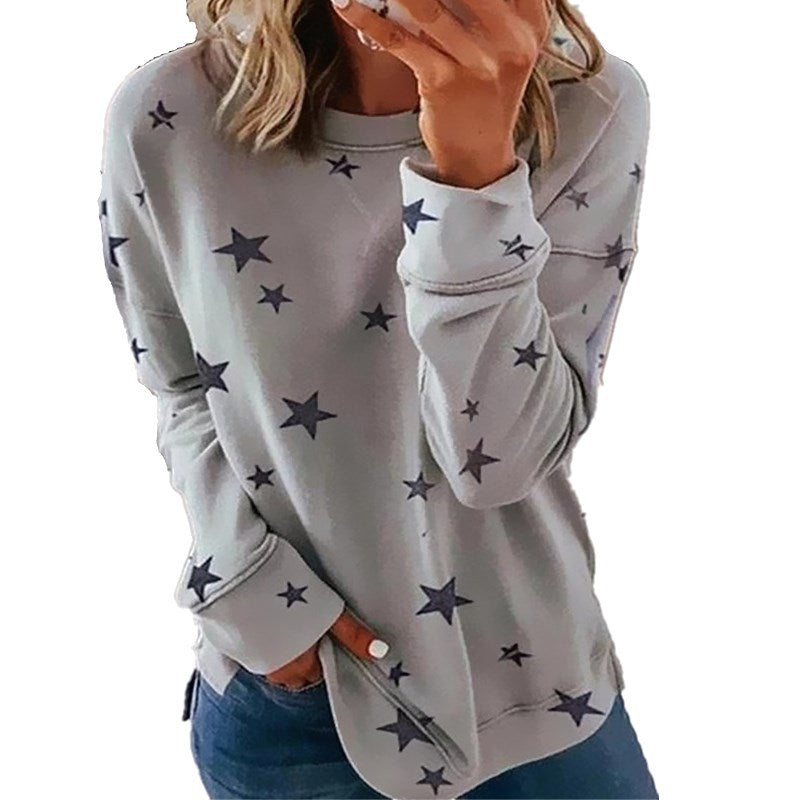 Damen nan locker geschnittenes Sternen-Print Sweatshirt mit Rundhalsausschnitt, verlängertem Rücken und seitlichen Schlitzen