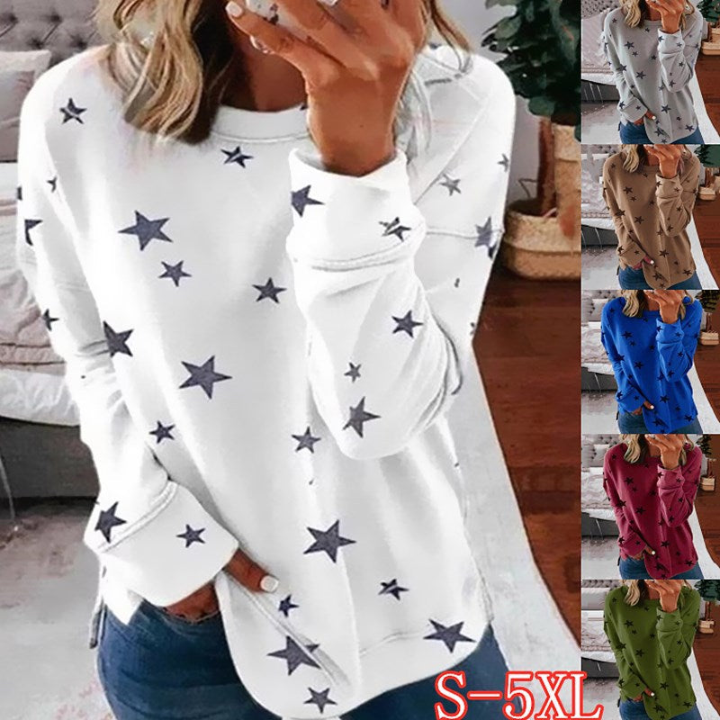 Damen nan locker geschnittenes Sternen-Print Sweatshirt mit Rundhalsausschnitt, verlängertem Rücken und seitlichen Schlitzen