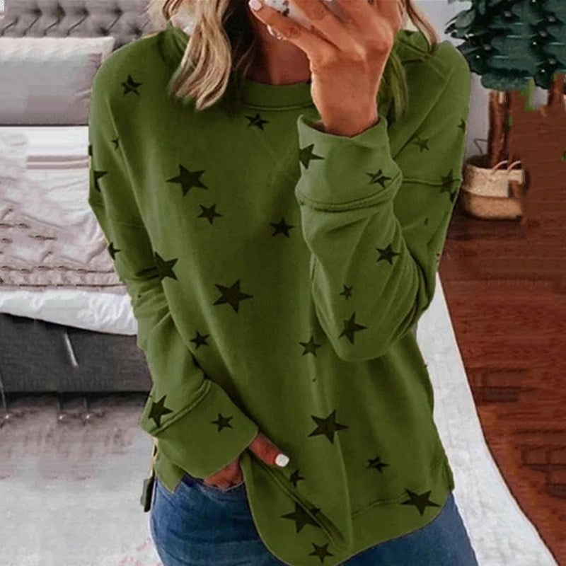 Damen nan locker geschnittenes Sternen-Print Sweatshirt mit Rundhalsausschnitt, verlängertem Rücken und seitlichen Schlitzen