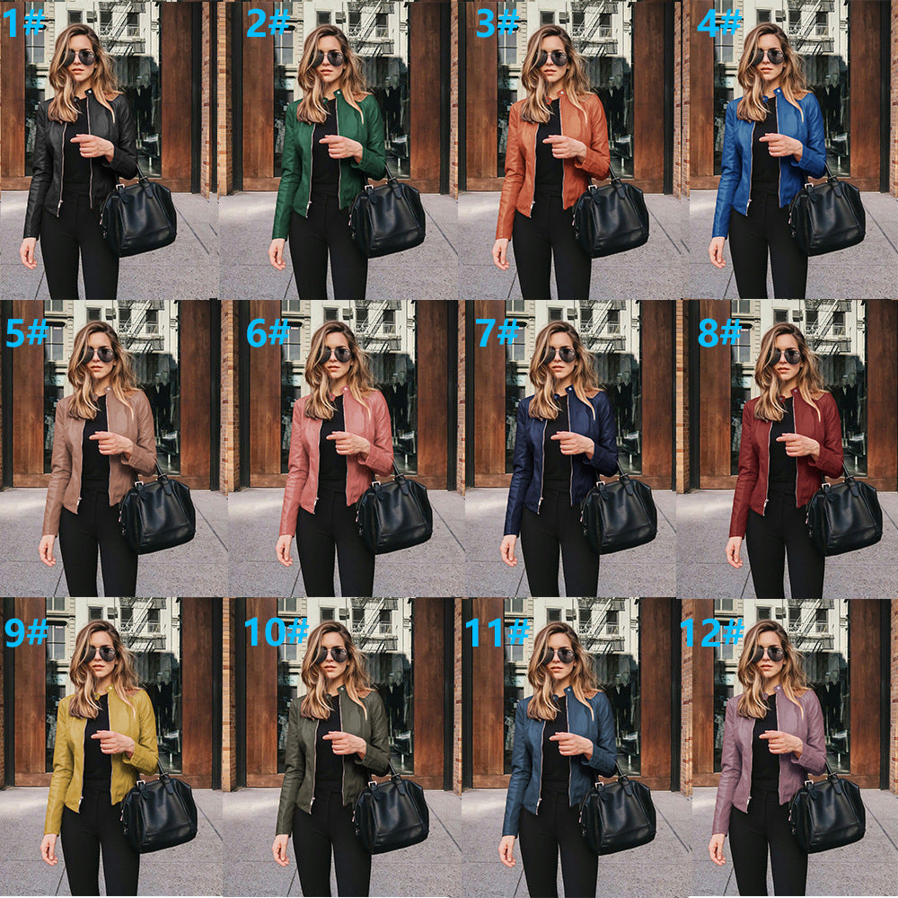 Damen nan schmal geschnittene Lederjacke mit Stehkragen und Zwei-Wege-Reißverschluss
