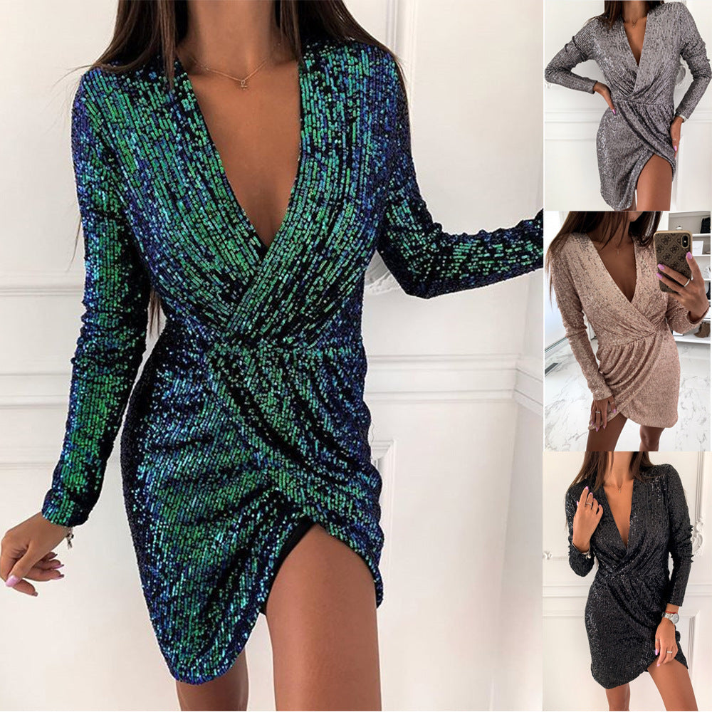 Damen Funkelndes Cocktailkleid mit V-Ausschnitt und langen Ärmeln Selmira