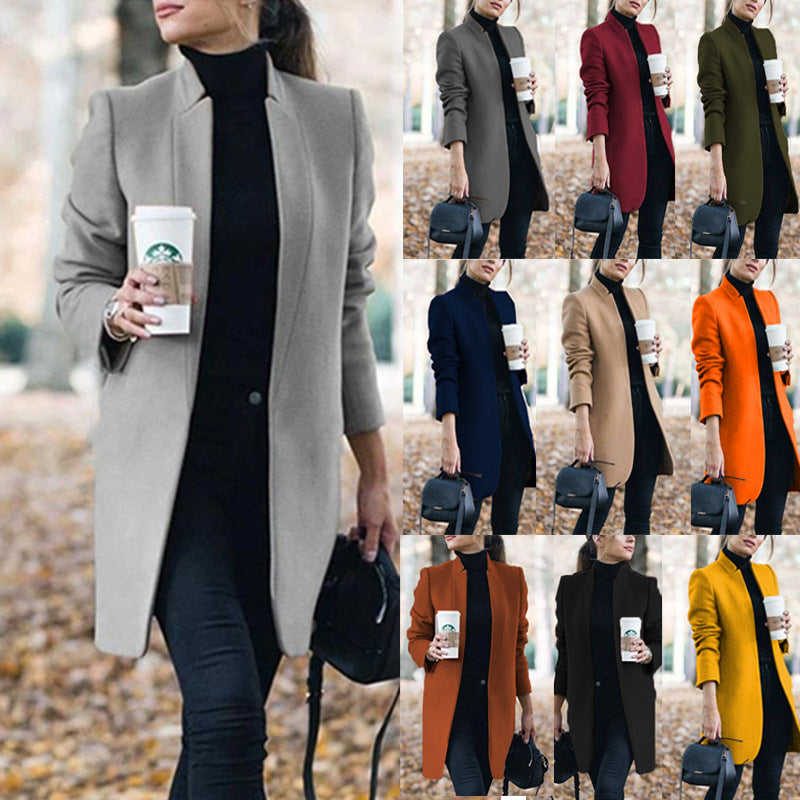 Damen nan eleganter knielanger Wollmix Mantel mit Stehkragen