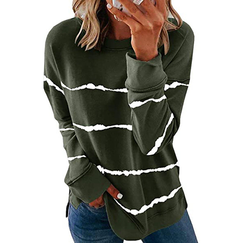Damen nan lässiges Oversize-Sweatshirt mit wellenförmigem Streifenmuster Rundhals Seitenschlitzen und gerundetem Saum