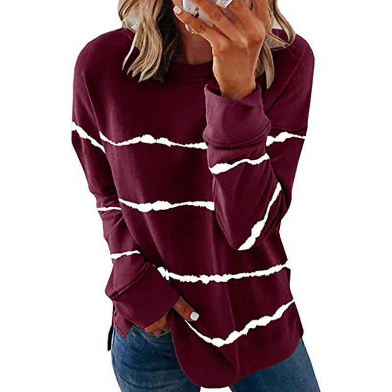 Damen nan lässiges Oversize-Sweatshirt mit wellenförmigem Streifenmuster Rundhals Seitenschlitzen und gerundetem Saum