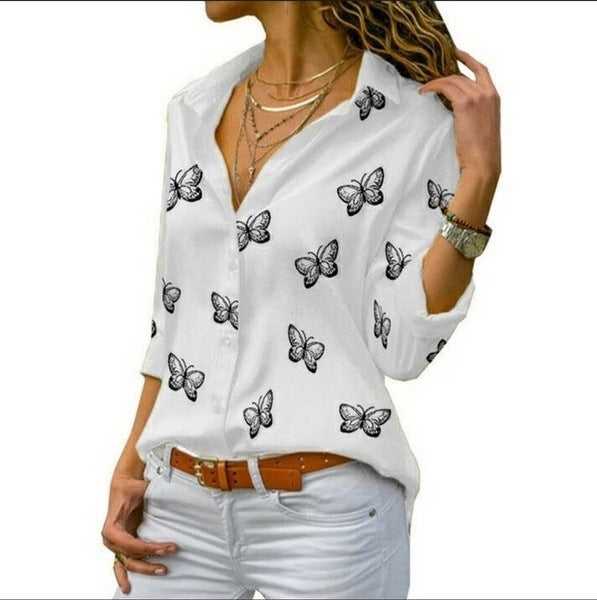 Damen nan lockere Longbluse mit Schmetterlingsprint und Hemdkragen