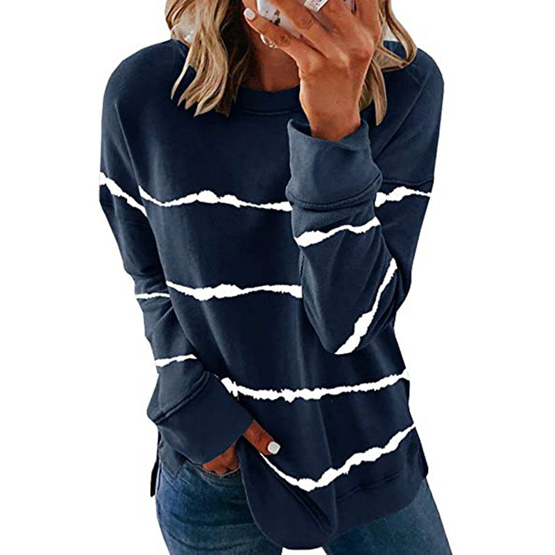 Damen nan lässiges Oversize-Sweatshirt mit wellenförmigem Streifenmuster Rundhals Seitenschlitzen und gerundetem Saum