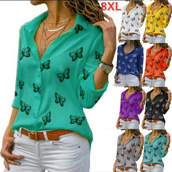 Damen nan lockere Longbluse mit Schmetterlingsprint und Hemdkragen