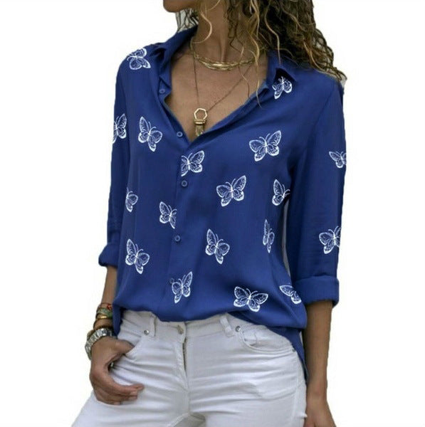 Damen nan lockere Longbluse mit Schmetterlingsprint und Hemdkragen