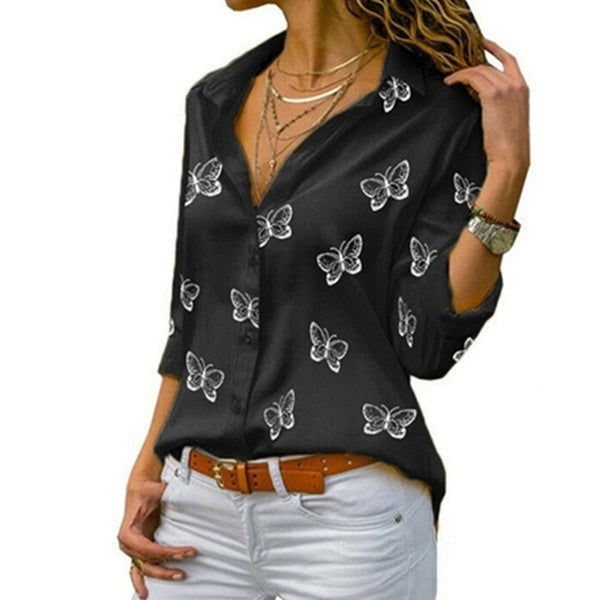 Damen nan lockere Longbluse mit Schmetterlingsprint und Hemdkragen