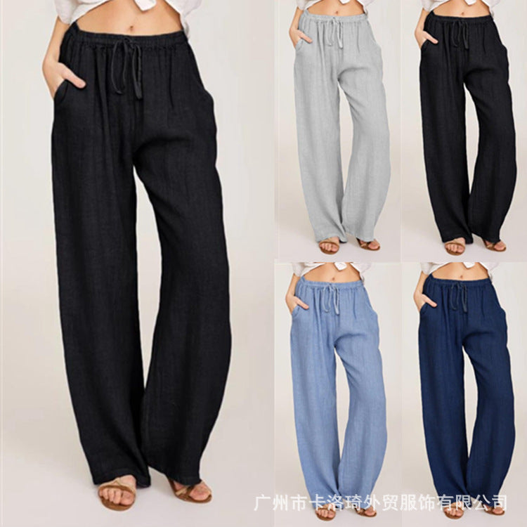 Damen nan weite Leinenhose mit elastischem Bund Kordelzug und Seitentaschen