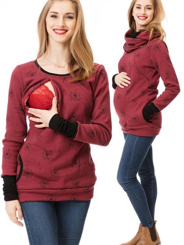Selmira Schwangerschafts-Chaps, Krankenschwester-Sweatshirts, Blumendruck, Taschen, Reißverschluss, Stillkleidung