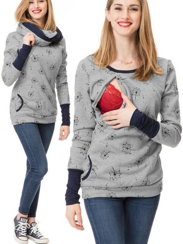 Selmira Schwangerschafts-Chaps, Krankenschwester-Sweatshirts, Blumendruck, Taschen, Reißverschluss, Stillkleidung