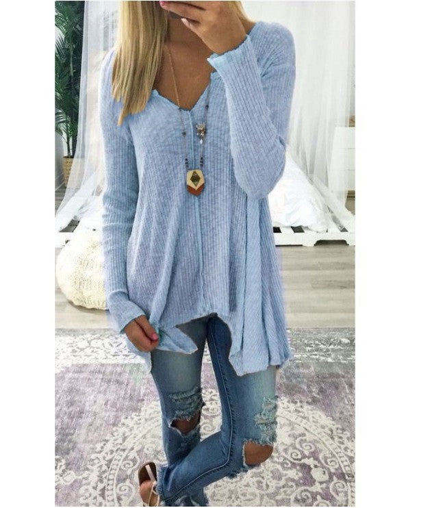 Damen nan lockerfallende Rippstrick Tunika mit V-Ausschnitt und asymmetrischem Saum