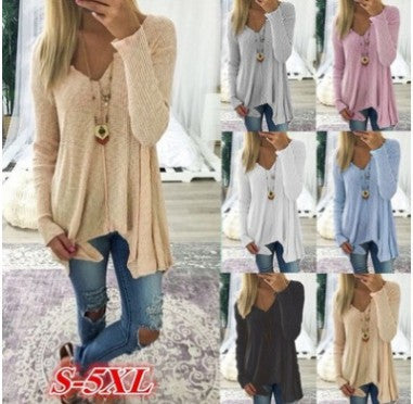 Damen nan lockerfallende Rippstrick Tunika mit V-Ausschnitt und asymmetrischem Saum