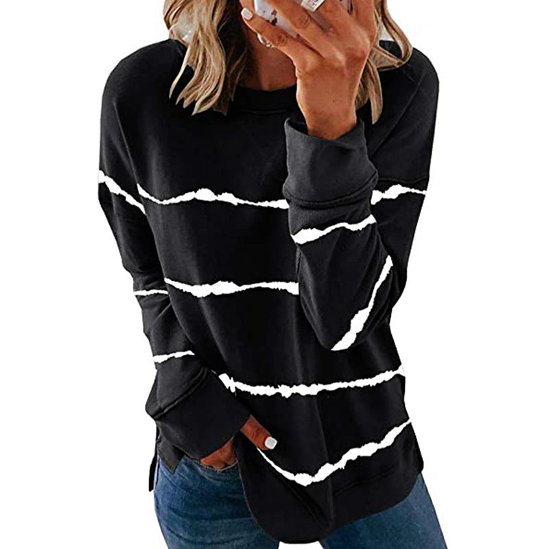 Damen nan lässiges Oversize-Sweatshirt mit wellenförmigem Streifenmuster Rundhals Seitenschlitzen und gerundetem Saum