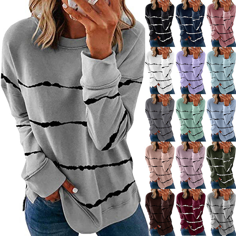 Damen nan lässiges Oversize-Sweatshirt mit wellenförmigem Streifenmuster Rundhals Seitenschlitzen und gerundetem Saum