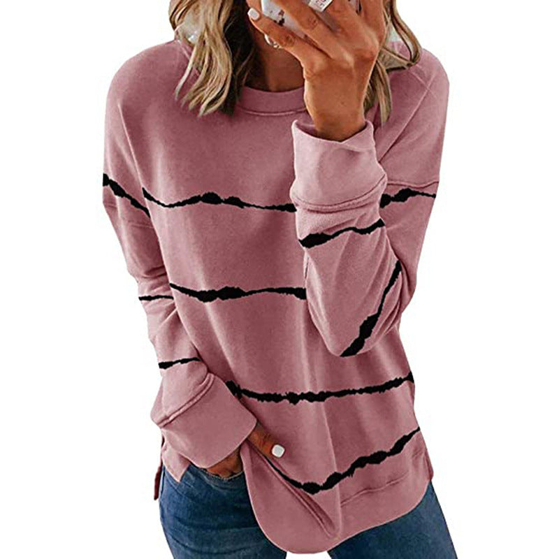 Damen nan lässiges Oversize-Sweatshirt mit wellenförmigem Streifenmuster Rundhals Seitenschlitzen und gerundetem Saum