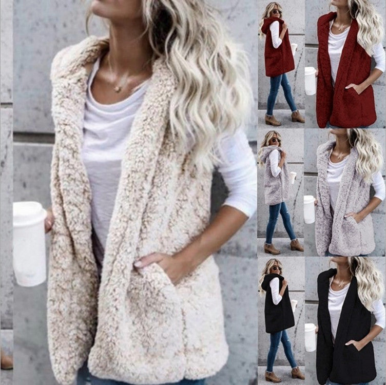 Damen nan flauschige Teddyweste mit Schalkragen und Eingrifftaschen