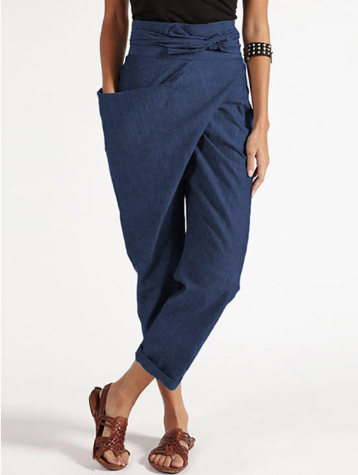 Damen nan Wickelhose aus Leinenmix mit hohem Taillenbund, überlappender Vorderseite und großzügiger Eingrifftasche