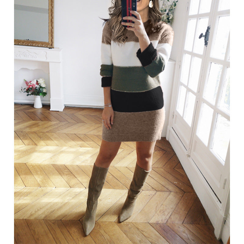 Damen nan gestreiftes Strickkleid mit figurbetonter Passform, geripptem Saum und langen Ärmeln