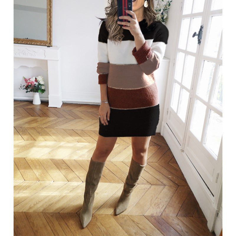 Damen nan gestreiftes Strickkleid mit figurbetonter Passform, geripptem Saum und langen Ärmeln
