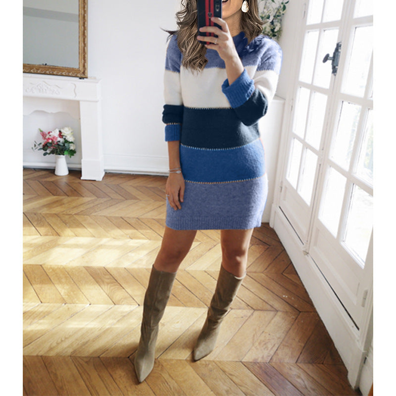 Damen nan gestreiftes Strickkleid mit figurbetonter Passform, geripptem Saum und langen Ärmeln