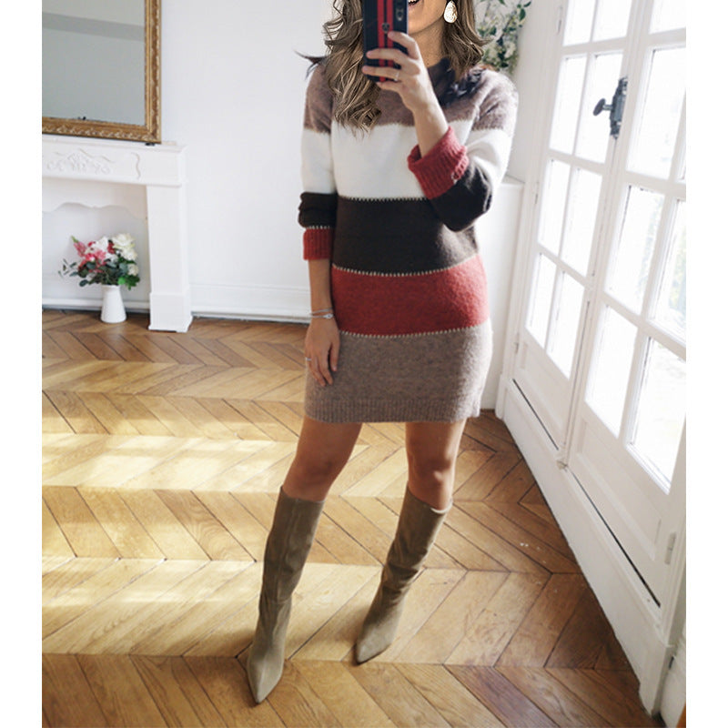 Damen nan gestreiftes Strickkleid mit figurbetonter Passform, geripptem Saum und langen Ärmeln