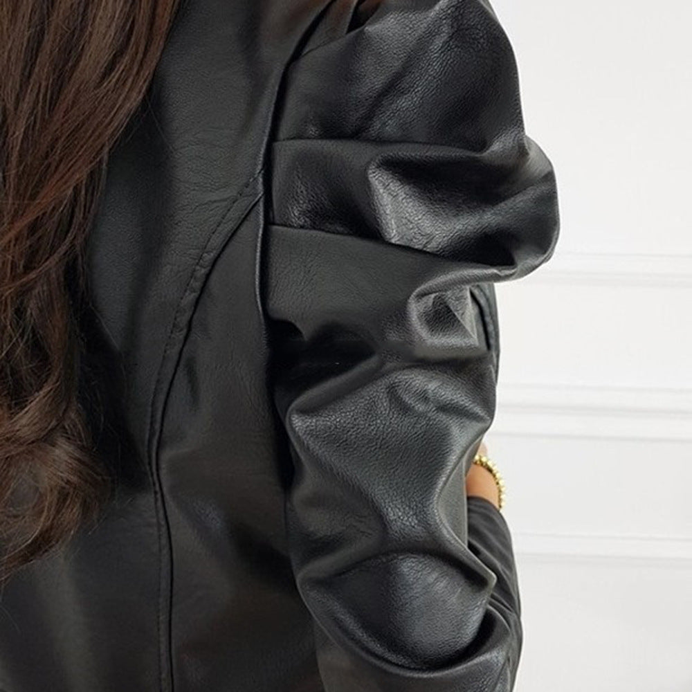 Damen nan taillierte Kurzjacke aus Kunstleder mit Puffärmeln und Reißverschluss
