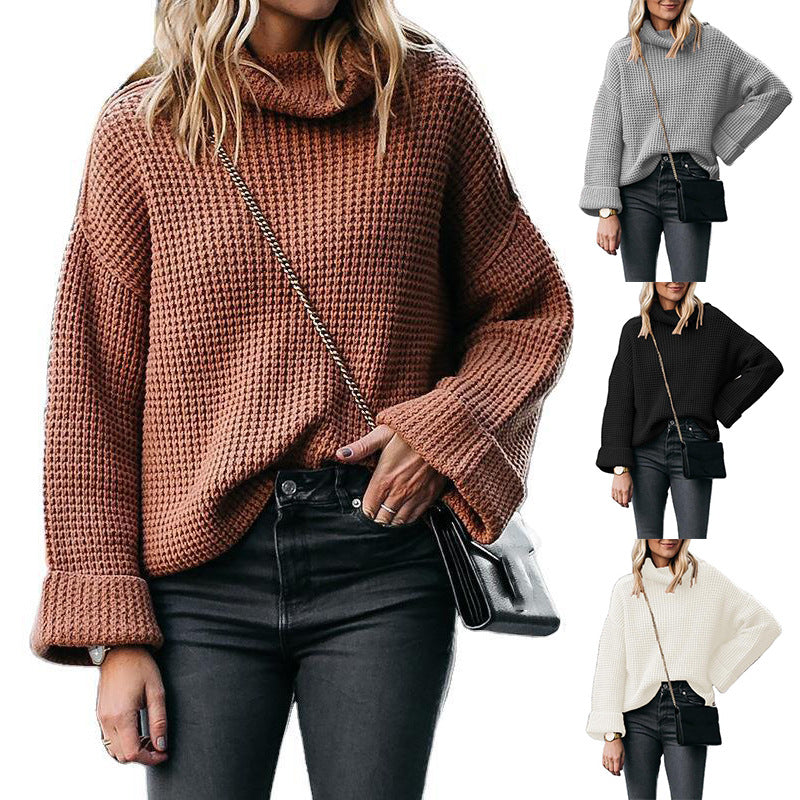 Damen nan grobstrick Rollkragenpullover mit weitem Oversize-Schnitt und Umschlagärmeln