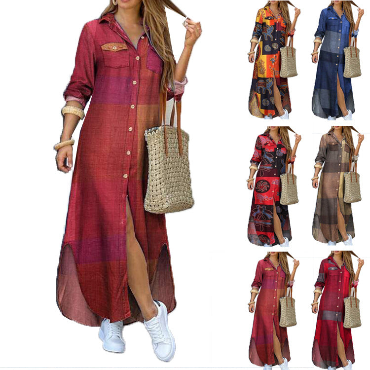 Damen nan langes Hemdkleid mit floralem Muster und seitlichem Schlitz