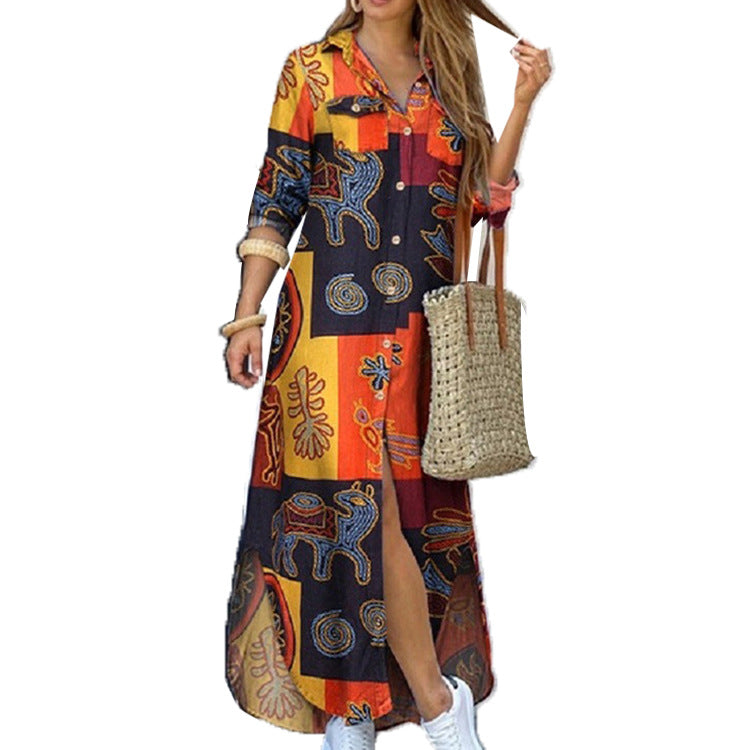 Damen nan langes Hemdkleid mit floralem Muster und seitlichem Schlitz
