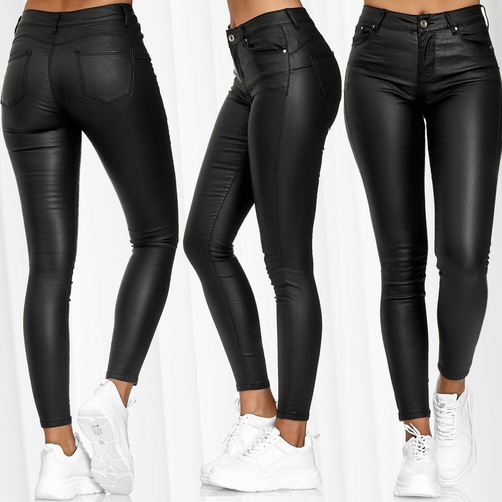 Damen nan highwaist vegane Lederleggings mit hoher Elastizität und Five-Pocket-Optik