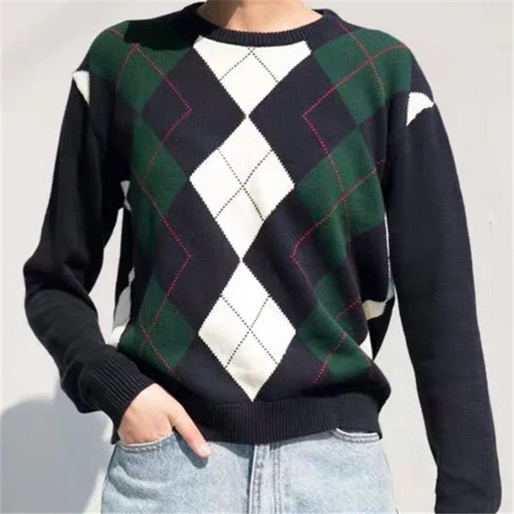 Damen nan Argyle Strickpullover mit Rundhalsausschnitt und geripptem Bund