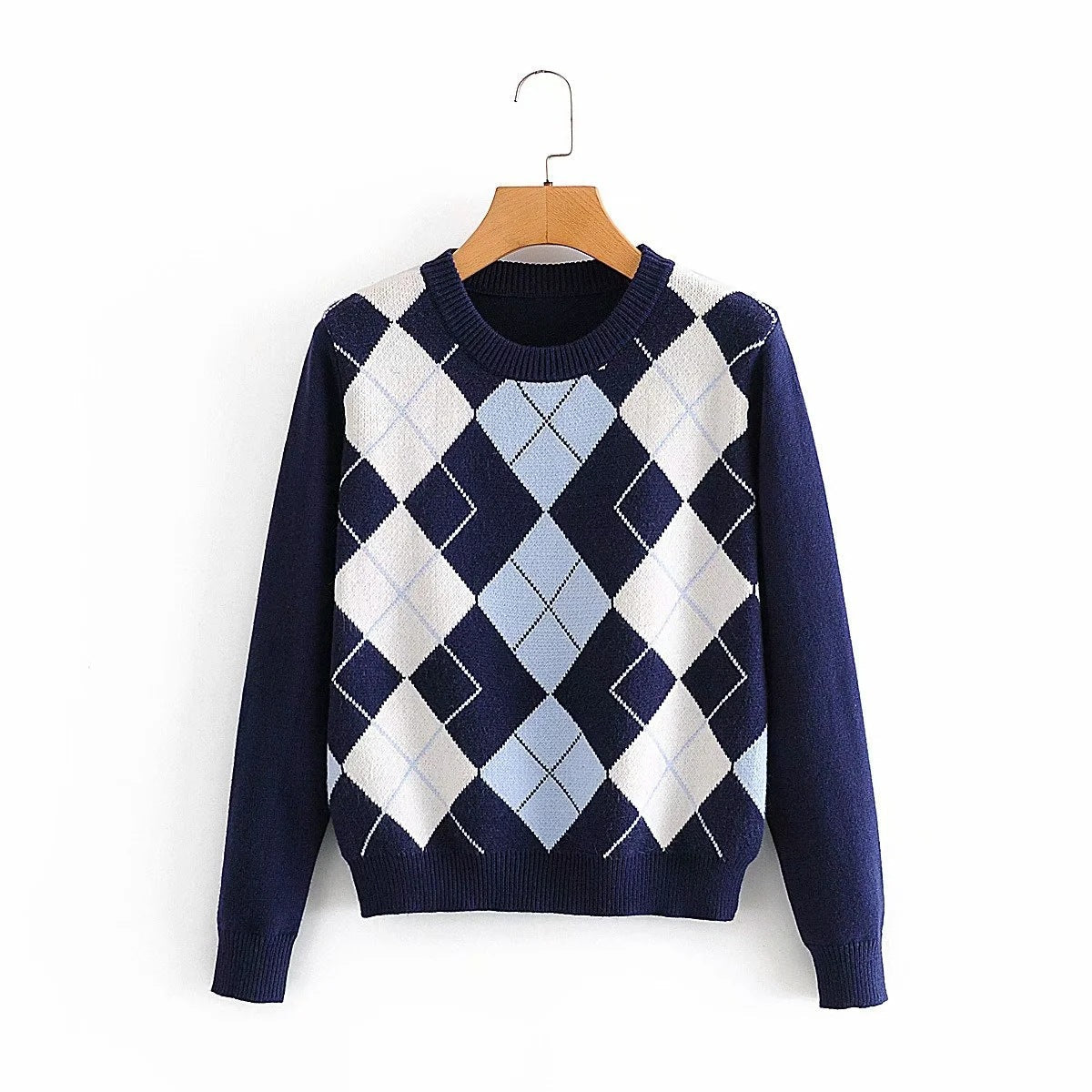 Damen nan Argyle Strickpullover mit Rundhalsausschnitt und geripptem Bund