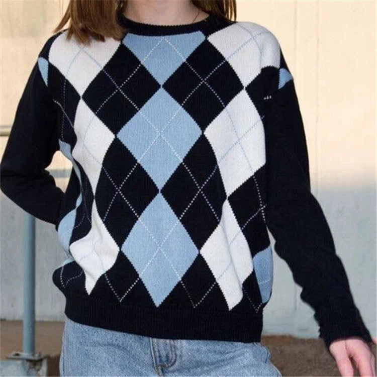 Damen nan Argyle Strickpullover mit Rundhalsausschnitt und geripptem Bund