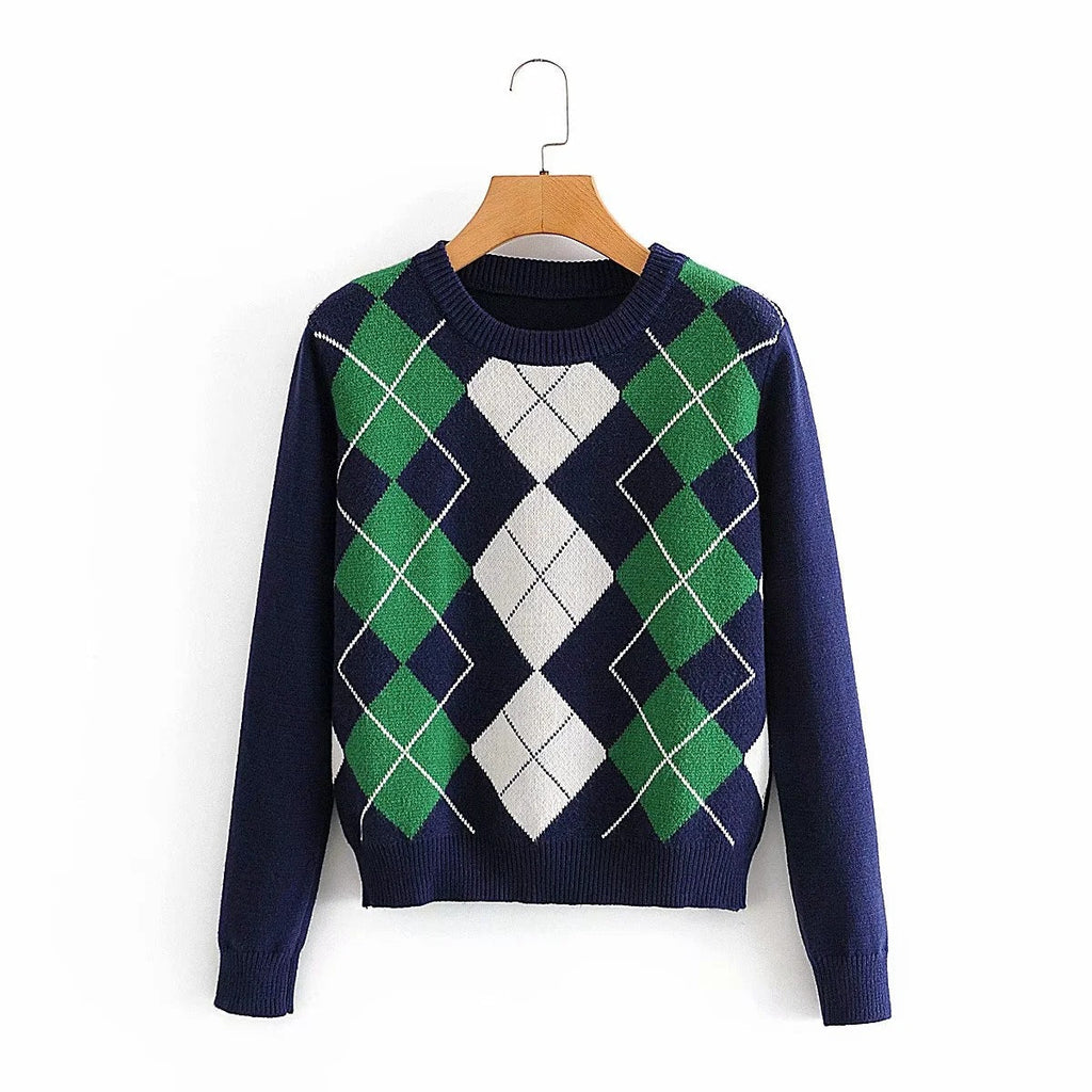 Damen nan Argyle Strickpullover mit Rundhalsausschnitt und geripptem Bund