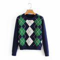 Damen nan Argyle Strickpullover mit Rundhalsausschnitt und geripptem Bund