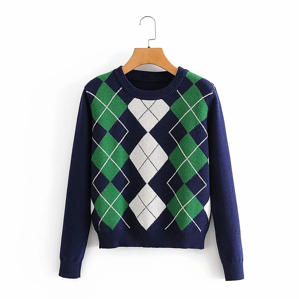 Damen nan Argyle Strickpullover mit Rundhalsausschnitt und geripptem Bund