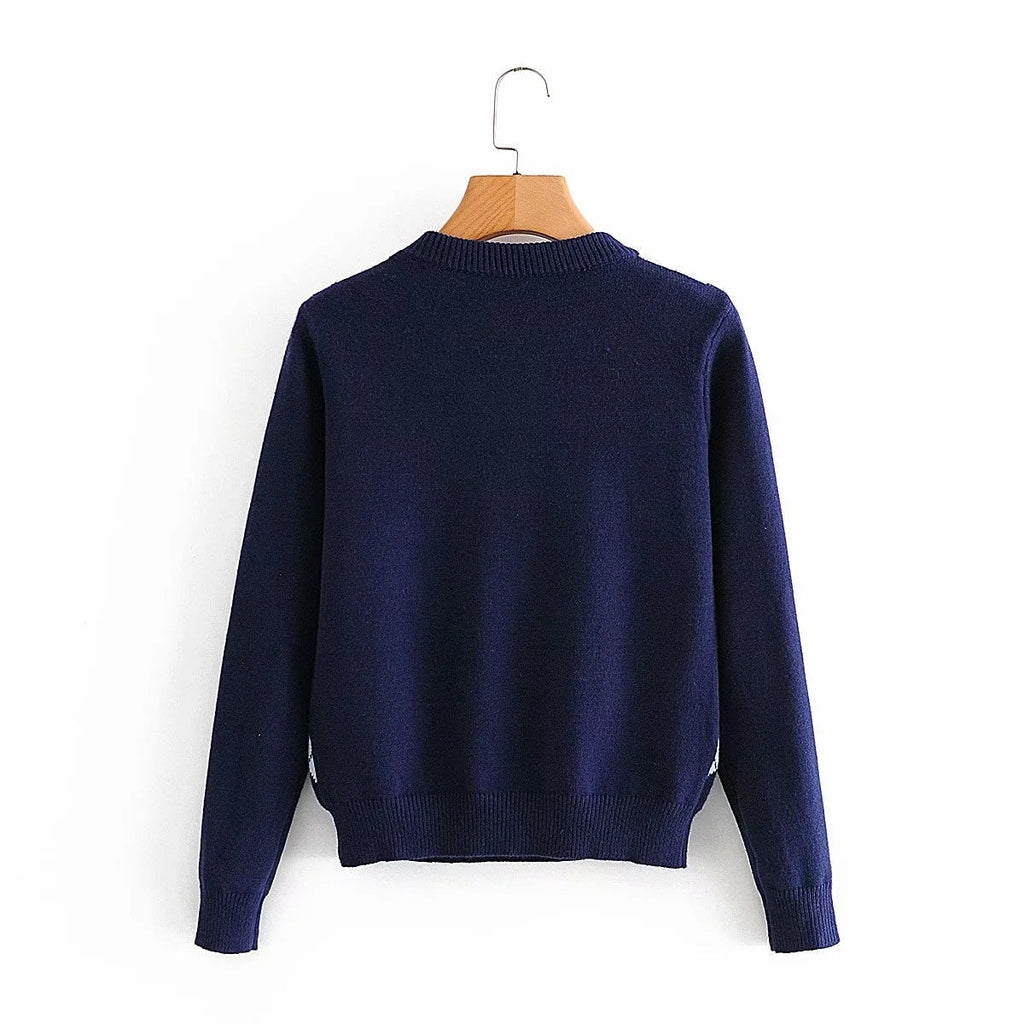 Damen nan Argyle Strickpullover mit Rundhalsausschnitt und geripptem Bund