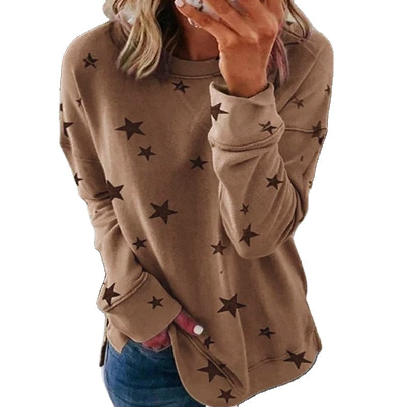 Damen nan locker geschnittenes Sternen-Print Sweatshirt mit Rundhalsausschnitt, verlängertem Rücken und seitlichen Schlitzen