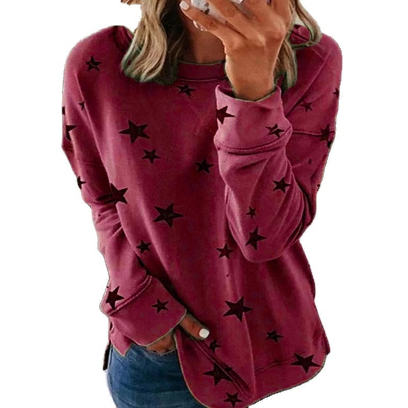 Damen nan locker geschnittenes Sternen-Print Sweatshirt mit Rundhalsausschnitt, verlängertem Rücken und seitlichen Schlitzen