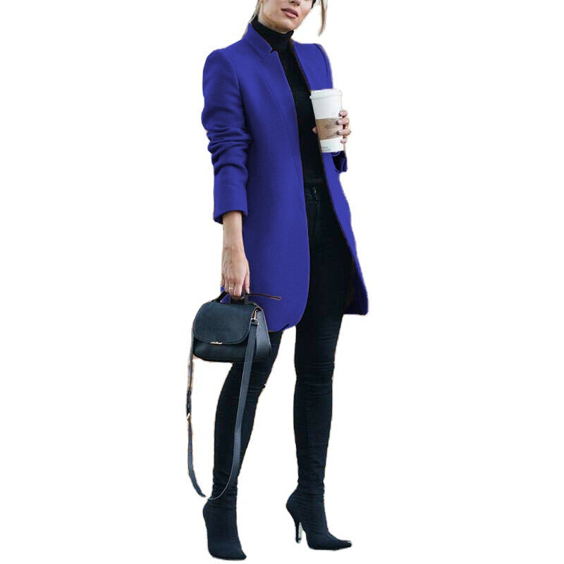 Damen nan eleganter knielanger Wollmix Mantel mit Stehkragen
