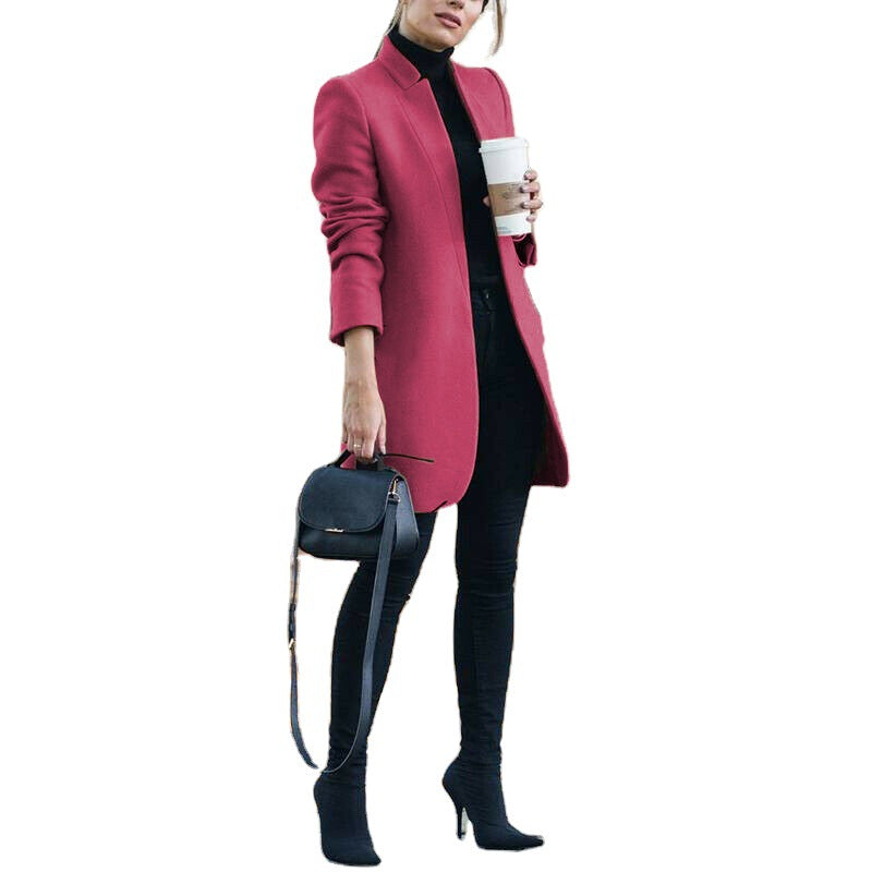 Damen nan eleganter knielanger Wollmix Mantel mit Stehkragen