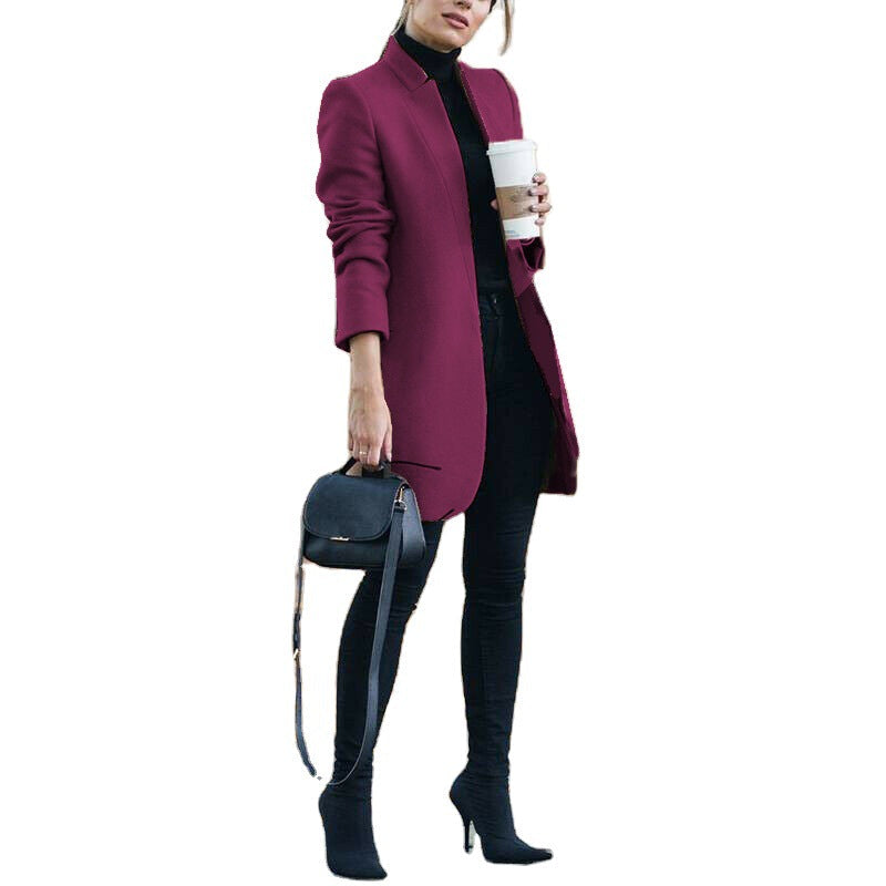 Damen nan eleganter knielanger Wollmix Mantel mit Stehkragen