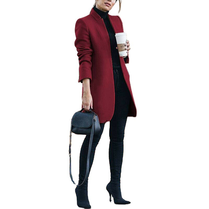 Damen nan eleganter knielanger Wollmix Mantel mit Stehkragen