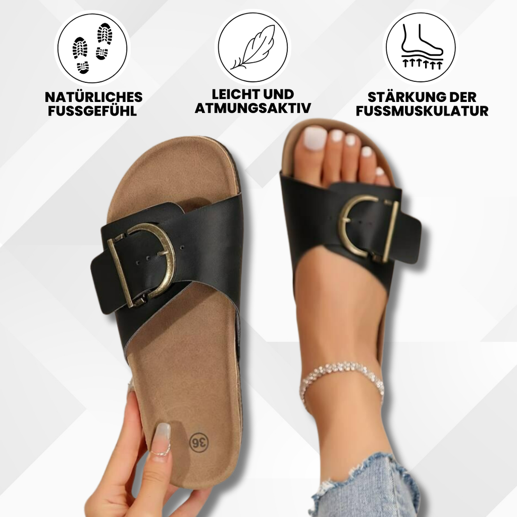 OrthoMia Damen Kork-Sandalen – Ergonomische Komfort-Sandalen mit Schnallenriemen und rutschfester Sohle