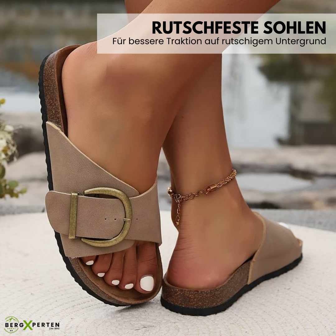 OrthoMia Damen Kork-Sandalen – Ergonomische Komfort-Sandalen mit Schnallenriemen und rutschfester Sohle